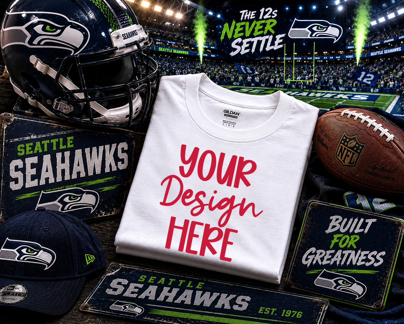 Seattle Football (The 12s never Settle): 2026 Shirt Mockup